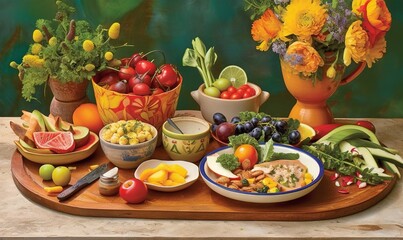 Fototapeta na wymiar a wooden tray topped with bowls of fruit and vegetables next to a vase of flowers and a bowl of fruit and vegetables on a table. generative ai