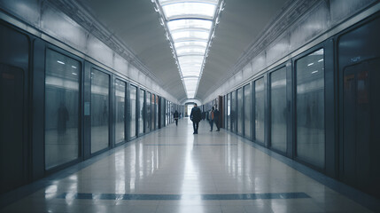 Fototapeta premium Blurred picture of people walking in empty public transportation hall