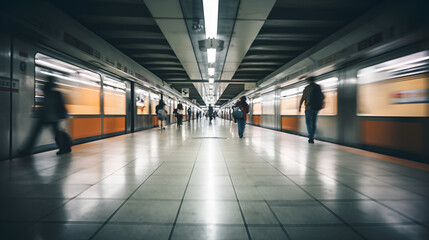 Blurred picture of people walking in empty public transportation hall