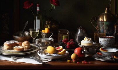 Fototapeta premium a table topped with plates of food and a bowl of fruit next to a vase of flowers and a bottle of wine and a glass of wine. generative ai