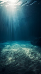 Fototapeta na wymiar Empty blue underwater with sunlight shine to sand sea floor, deep ocean