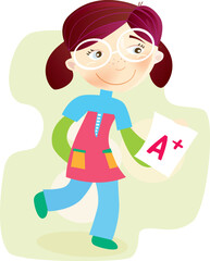 Fototapeta na wymiar Happy cartoon girl with exam report. Vector Illustration.