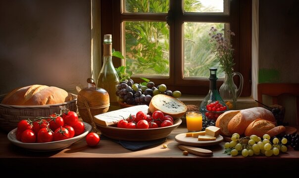  a painting of a table with bread, fruit, and a bottle of wine in front of a window with a view of the outside.  generative ai