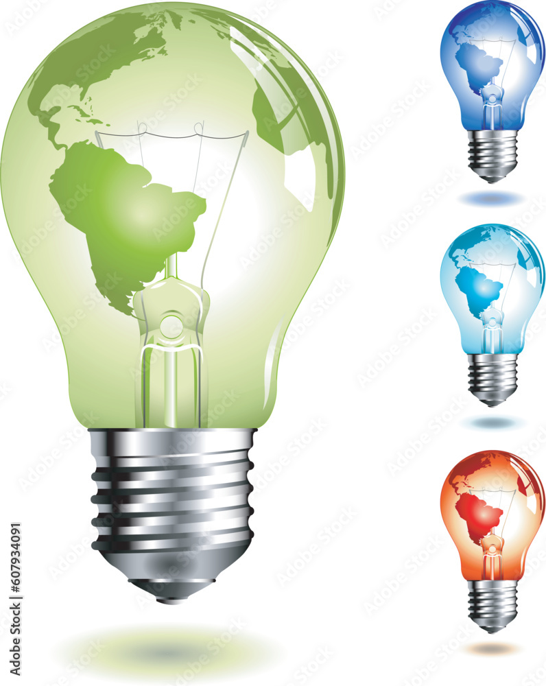 Poster realistic illuatration of a lightbulb with world-map on it, four different color-versions