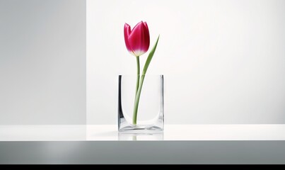  a single pink tulip in a glass vase on a white table top with a reflection of the wall in the back ground of the picture.  generative ai