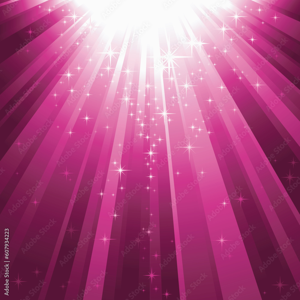 Poster festive square abstract background with stars descending on rays of purple light. 7 global colors, b
