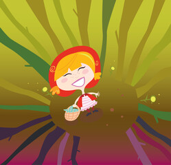 Little Red Riding Hood alone in the forest. Vector Illustration.