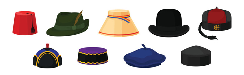 Various National Headdress and Hat as Ethnic Head Cover Vector Set