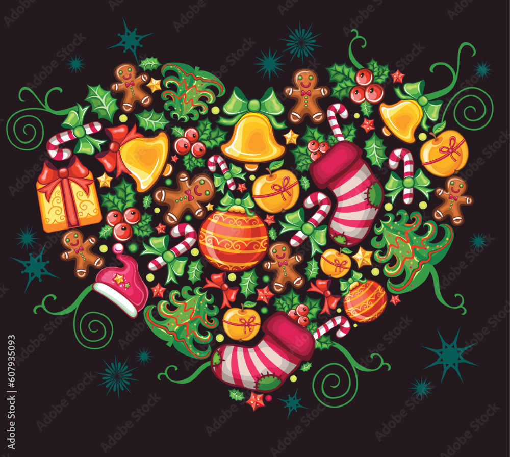 Poster different types of christmas design elements combined in a shape of a heart.