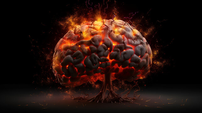 Concept art of a human brain exploding with knowledge and creativity