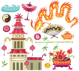 Set of Oriental elements: dragon, pagoda, teapot, umbrella, green bamboo,  yin yang symbol, cloud, sun face, female fan, vase with exotic flowers.