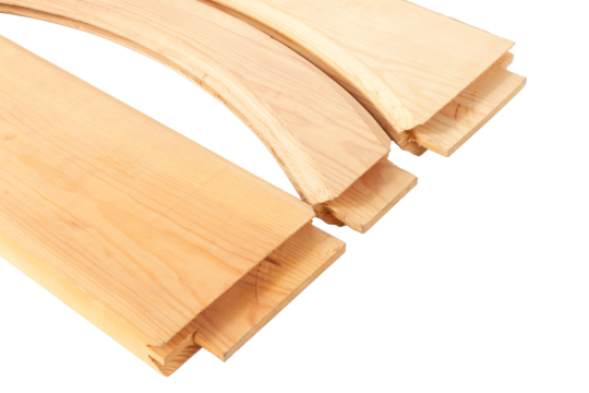transverse wooden blanks for the assembly of paneled doors, processed by a milling machine in a carpentry workshop, on an isolated background