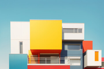 The facade of Colorful geometric modern building with multi-colored ornament and windows on wall in city ob a blue sky background. Urban townhouses in yellow blue, red and white. Generative AI