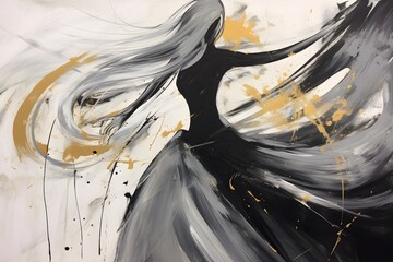 This acrylic painting portrays a high-class woman, her figure adorned with swirling hair. The composition is filled with bright, airy tones, accented by gold, adding a touch of luxury. Generative AI.