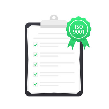 Standard for quality control. Quality management system checklist in clipboard. Certified ISO 9001 Documents. International certification concept. Vector illustration