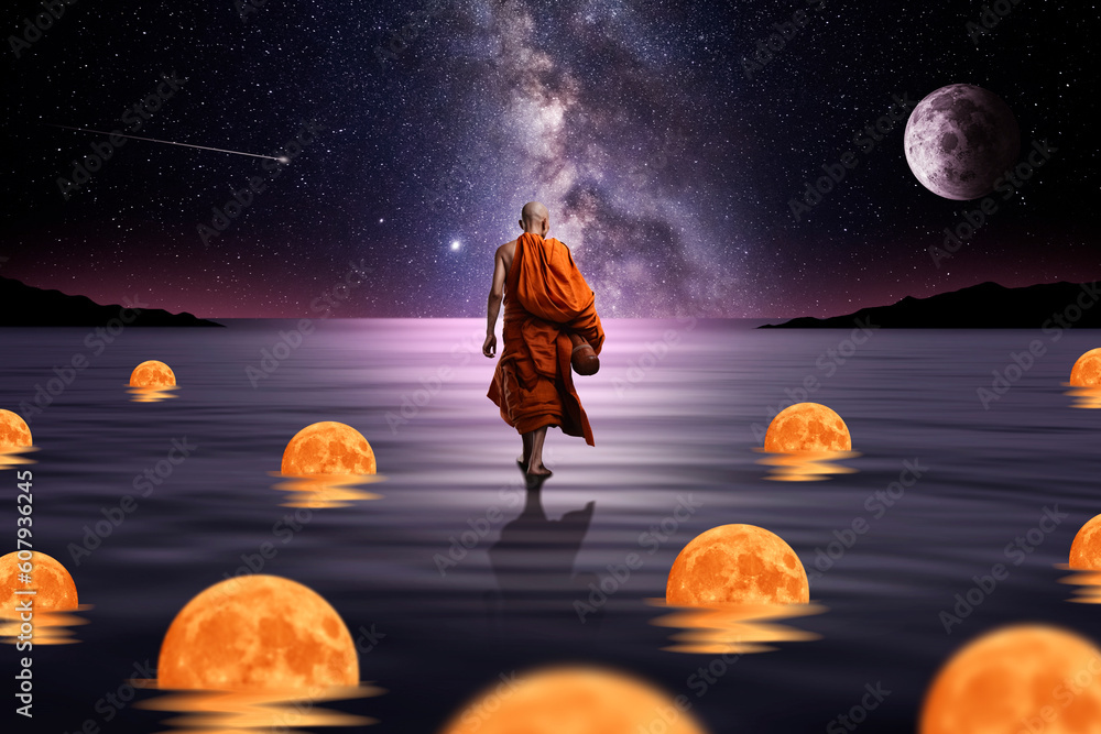Poster buddhist monk looking at the universe. ai generative