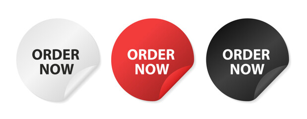 Order now stickers. Round sticker with offer message. Order now sign. Circle sticker mockup banner. Order now badge shape. Adhesive offer paper banner. Vector illustration