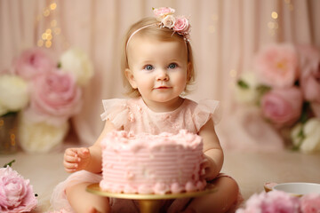 Fototapeta premium cute baby girl celebrates birthday one year, beautiful cake, in pastel pink. Generative AI