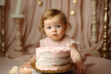 cute baby girl celebrates birthday one year,  beautiful cake, in pastel pink. Generative AI