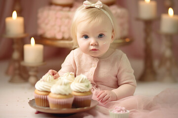 cute baby girl celebrates birthday one year,  beautiful cake, in pastel pink. Generative AI