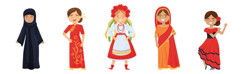 Girl Character Wearing Traditional Ethnic Clothing of Various Countries Vector Set