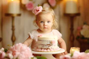 cute baby girl celebrates birthday one year,  beautiful cake, in pastel pink. Generative AI