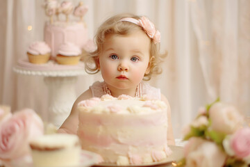 Fototapeta na wymiar cute baby girl celebrates birthday one year, beautiful cake, in pastel pink. Generative AI