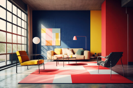 Modern Yellow Couch And White Door In A Colorful Apartment With Bright, Cobalt, Yellow, Red Walls. Bright Sunlight, Large Windows. Living Room In Bauhaus Style Interior. 3d Illustration, Generative AI