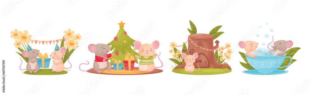 Poster cute mouse friends character engaged in different activity vector set