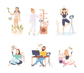 Man and Woman Bloggers and Vloggers Making Photo and Video Content Vector Set