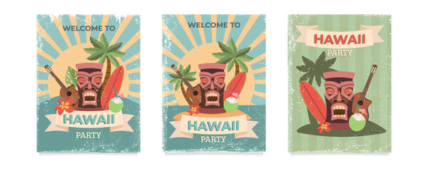 Design templates of retro poster invitations for hawaiian party. Vector illustration - obrazy, fototapety, plakaty