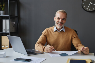 Portrait of handsome mature businessman at workplace in office smiling at camera, copy space