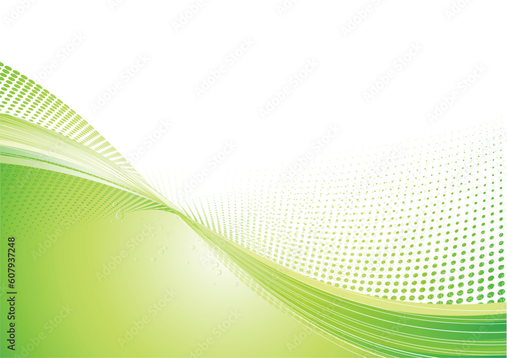 Poster vector illustration of green abstract techno background made of dots and curved lines. great for bac