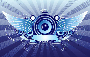 Vector illustration of blue shiny abstract party design with speaker, crown, ribbon and floral elements