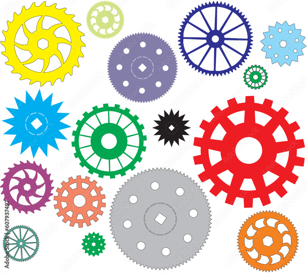 Poster set of vector multi-coloured gears different in the form