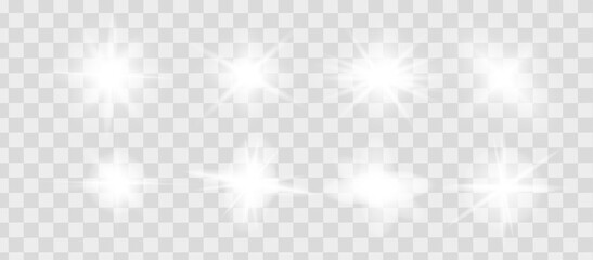 White glowing light explodes on a transparent background. Sparkling magical dust particles. Bright Star. Transparent shining sun. White star
