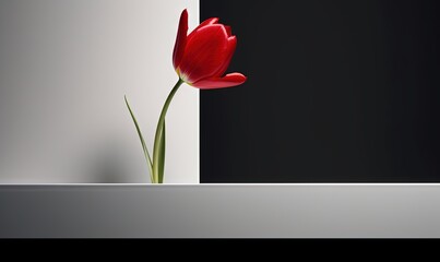  a single red tulip sitting in a white vase on a window sill with a black background and a white square behind it with a shadow.  generative ai
