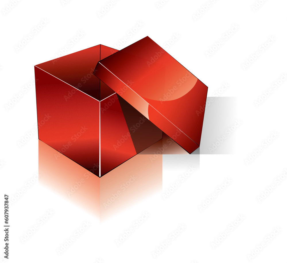 Poster red three dimensional open box with shadow and reflection