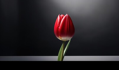  a single red tulip in a vase on a black background with a light shining on the top of the vase and the bottom of the flower.  generative ai