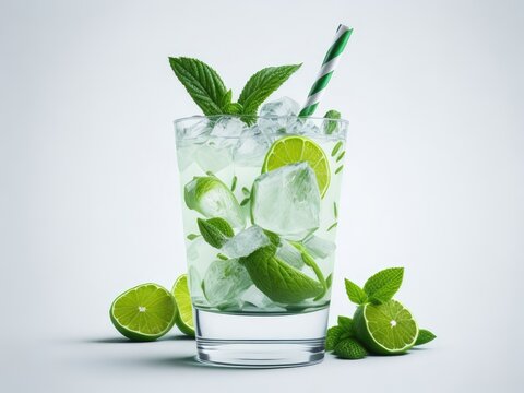 Delicious refreshing summer cocktail mojito with ice, white background, ai generative