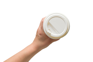 Paper cup of coffee to go on. The hand takes a glass with a plastick white lid