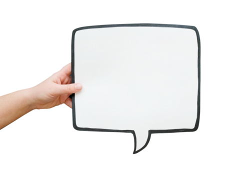 Speech bubble in hand on a transparent background. Comic cloud with a place for text