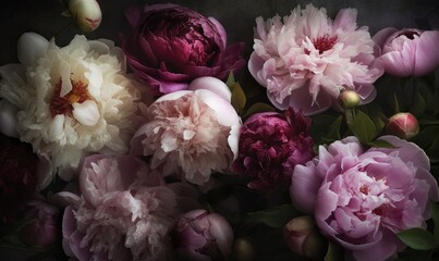  a bunch of pink and white flowers on a black background with a green stem in the middle of the picture and a few buds in the middle of the flowers.  generative ai