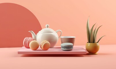 Fototapeta na wymiar a tea pot, a cup, a potted plant, and a macaroni and cheese on a pink surface with a pink background. generative ai
