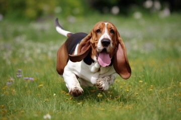 Naklejka na ściany i meble Basset hound dog running and jumping in the green grass AI Generated