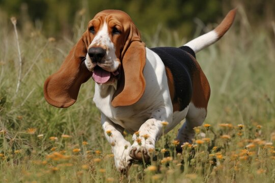 Basset hound running in the field of dandelions AI Generated
