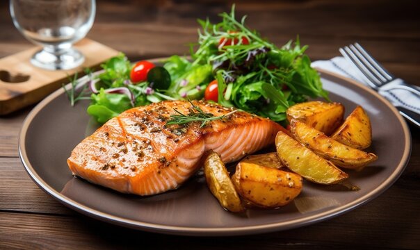  a plate of salmon, potatoes, and a salad on a wooden table next to a glass of water and a knife and fork on a wooden table.  generative ai