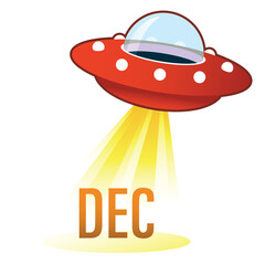 December calendar month icon on retro flying saucer UFO with light beam. Suitable for use on the web, in print, and on promotional materials.