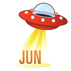 June month calendar icon on retro flying saucer UFO with light beam. Suitable for use on the web, in print, and on promotional materials.