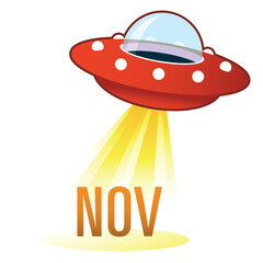 November calendar month icon on retro flying saucer UFO with light beam. Suitable for use on the web, in print, and on promotional materials.
